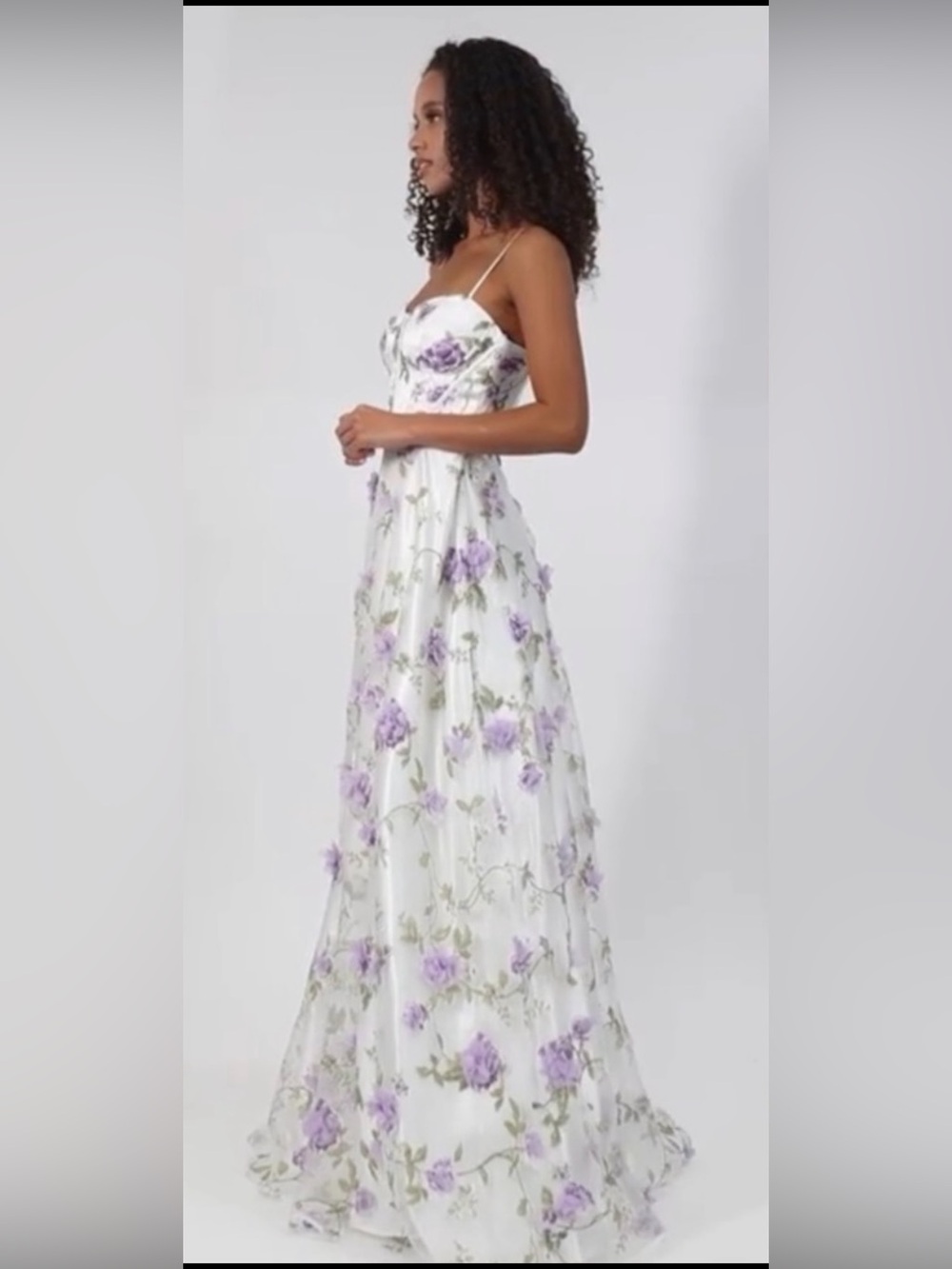 TLC White Maxi Dress with Lilac Floral Embroidery